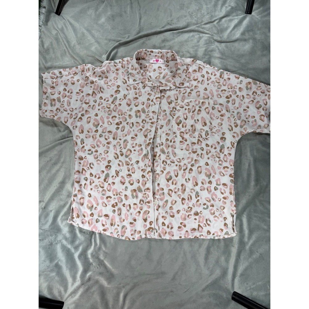 BUDDY LOVE Travel Diary Leopard Button Up Blouse Rose Quartz Drop Shoulder Sz MD